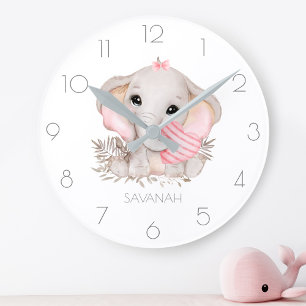 Horloge Ronde Personnalisé mignon éléphant fille rose
