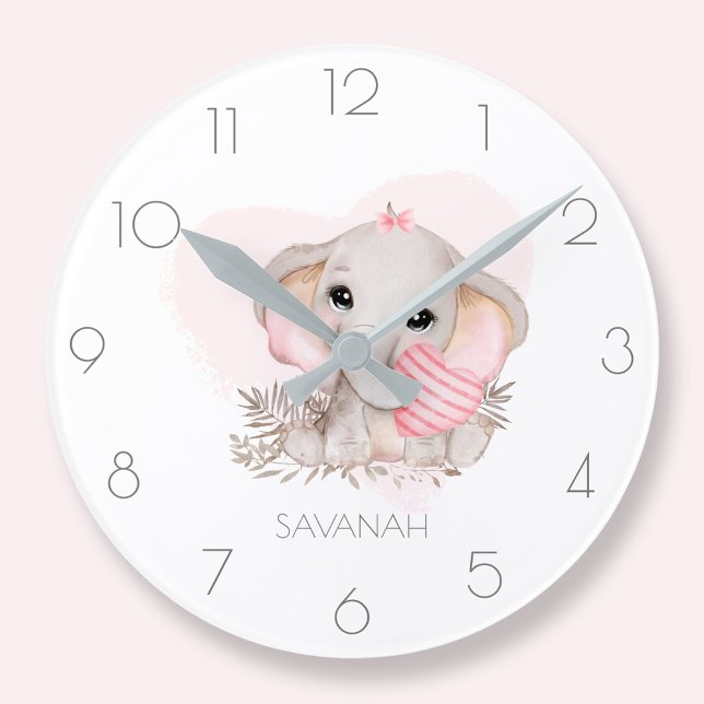 Horloge Ronde Personnalisé mignon éléphant fille rose 24 heures  (Personalized cute elephant girl pink round clock)