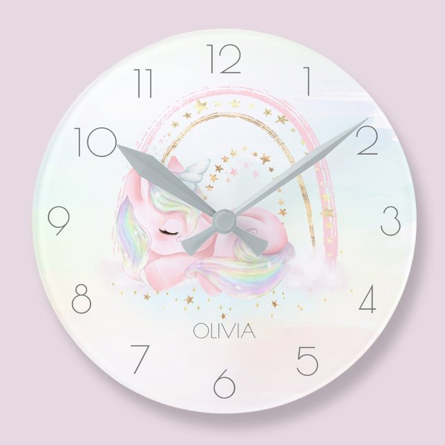 Horloge Ronde Personnalisé mignon licorne fille arc-en-ciel rond (Personalized cute unicorn girl rainbow round clock)