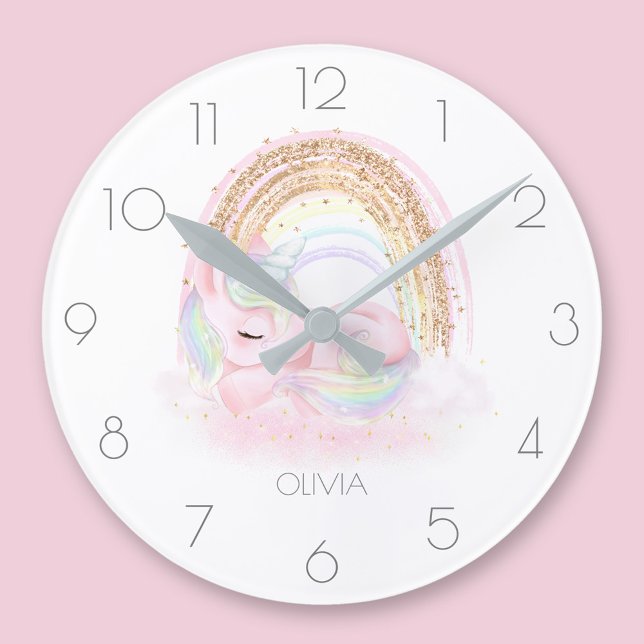 Horloge Ronde Personnalisé mignon licorne fille arc-en-ciel rond (Personalized cute unicorn girl rainbow round clock)