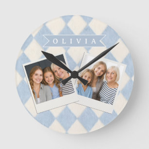 Horloge Ronde Personnalisé Prépa Douce Bleue Floue Argyle Nom