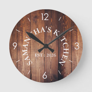 Horloge Ronde Personnalisé Rustic Bois Farmhouse Cuisine ronde