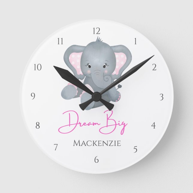 Horloge Ronde Personnaliser Dream Big Rose Grey Elephant Baby Gi (Recto)