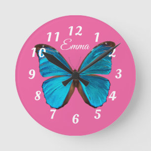 Horloge Ronde Personnalité de Cute Pink et Blue Butterfly