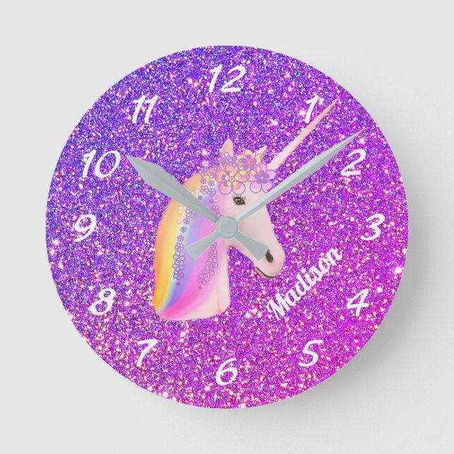 Horloge Ronde Personnalité de Cute Unicorn Purple Pink Glitter (Recto)