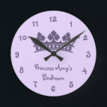 Horloge Ronde Personnalité de Purple Princesse Girl<br><div class="desc">Personnalized Purple Princess Girl's Menacom wall clock. Background color can be customized to white or other coordinating color of your choosing. click customize</div>