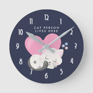 Horloge Ronde Personne Chat Texte mignon Blanc Kitty Chat Dormir