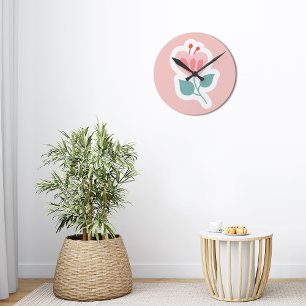 Horloge Ronde Pétale de fleur rose pastel avec tige
