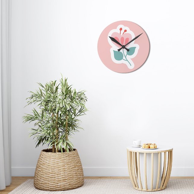 Horloge Ronde Pétale de fleur rose pastel avec tige (Créateur téléchargé)