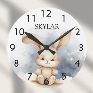 Horloge Ronde Petit lapin beige bleu ciel pépinière