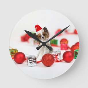 Horloge Ronde Petit Papillon Chien Noël Santa Hat
