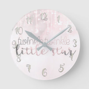 Horloge Ronde Petite étoile scintillante céleste rose argenté
