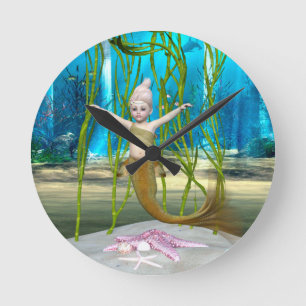 Horloge Ronde Petite fille Imaginaire mignonne, Océan Bleu