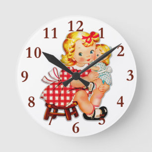 Horloge Ronde Petite fille rétro vintage poupée enfant