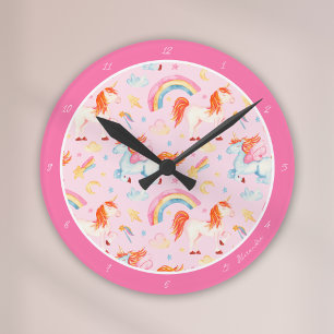 Horloge Ronde Petite fille rose licorne Motif avec prénom
