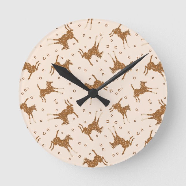 Horloge Ronde Petits Chevaux Brown - sur rose saumon. (Recto)