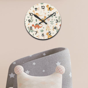 Horloge Ronde Petits Dinosaures Beige Neutre Tons
