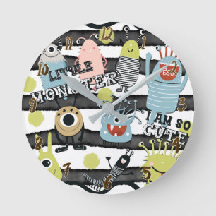 Horloge Ronde Petits Monstres Mignons Rayure Moderne Aquarelle É