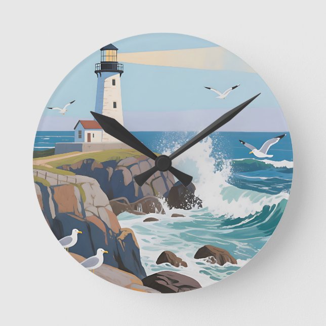 Horloge Ronde Phare côtier Vagues océaniques Mouettes (Recto)