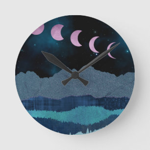 Horloge Ronde Phases de lune rose Paysage