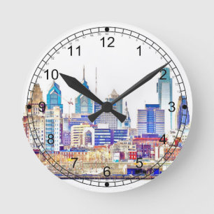 Horloge Ronde Philadelphie couleur Sketch cadenas mural