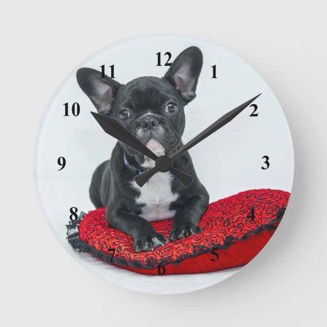 Horloge Ronde Photo Coussin noir de Bulldog en France (Recto)