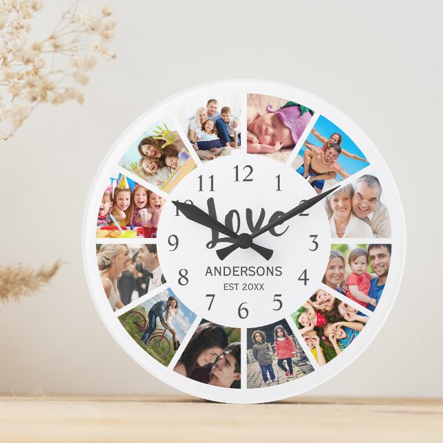 Horloge Ronde Photo Custom Family Collage Personnalité de White (Créateur téléchargé)