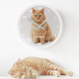 Horloge Ronde Photo de chat personnalisé avec nom et chiffres Bl