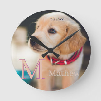 Horloge Ronde photo de chien personnalisé année nom monogramme c