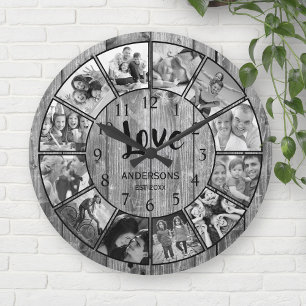 Horloge Ronde Photo de Custom Collage Rustic Farmhouse Love Fami