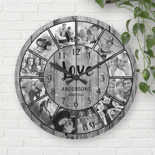 Horloge Ronde Photo de Custom Collage Rustic Farmhouse Love Fami (Créateur téléchargé)