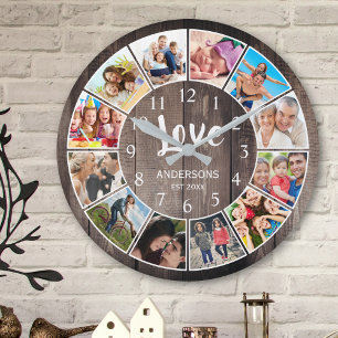Horloge Ronde Photo de Custom Collage Rustic Farmhouse Love Fami