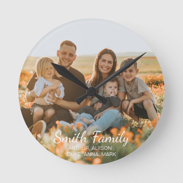 Horloge Ronde Photo de famille personnalisée avec des noms perso (Recto)