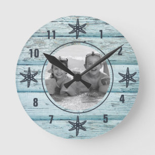 Horloge Ronde Photo Distressed Blue Beach Wood Starfish