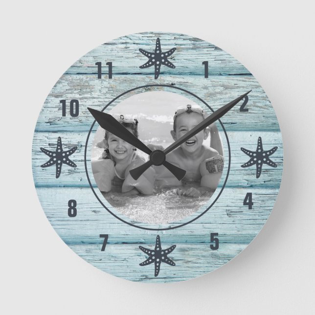 Horloge Ronde Photo Distressed Blue Beach Wood Starfish (Recto)