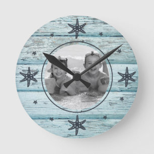 Horloge Ronde Photo Distressed Blue Beach Wood Starfish