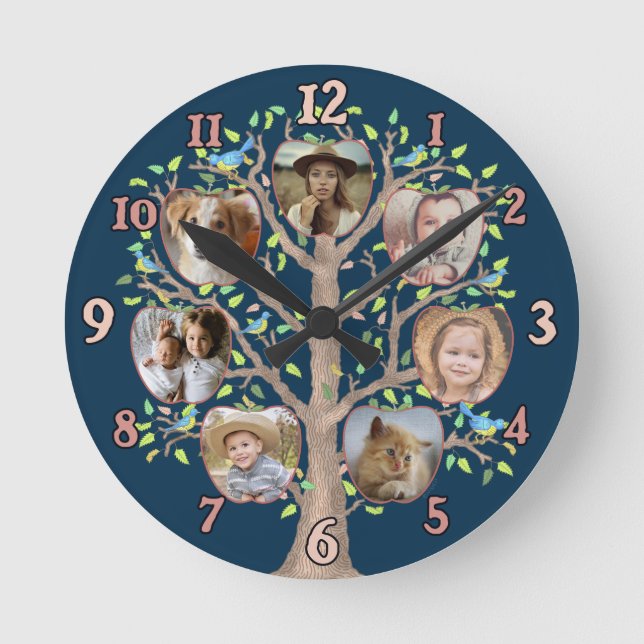 Horloge Ronde Photo Family Tree 7 Custom Pics Dark Blue (Recto)