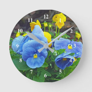 Horloge Ronde Photo florale Pretty Blue et Yellow Pansy