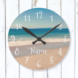 Horloge Ronde Photo panoramique de la plage de sable sarcelle bl