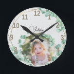 Horloge Ronde Photo personnalisée   Texte | Élégante verdure géo<br><div class="desc">Custom Photo et Calligraphy Text Elegant Geometric Greenery frame Round Clock</div>