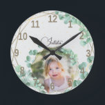 Horloge Ronde Photo personnalisée   Texte | Élégante verdure géo<br><div class="desc">Custom Photo et Calligraphy Text Elegant Geometric Greenery frame Round Clock</div>