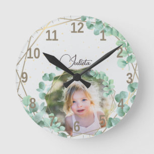 Horloge Ronde Photo personnalisée + Texte   Élégante verdure géo