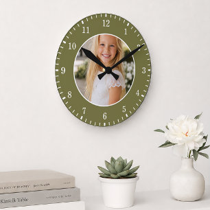 Horloge Ronde Photo personnalisée verte et chiffres blancs perso