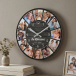 Horloge Ronde Photo personnelle de Collage Black Wood Family<br><div class="desc">Easily create your own personalized black wooden planks elegant style wall clock with your custom,  family name and established year. Pour les meilleurs résultats,  crop the images to square - with the focus point in the center - before uploading.</div>