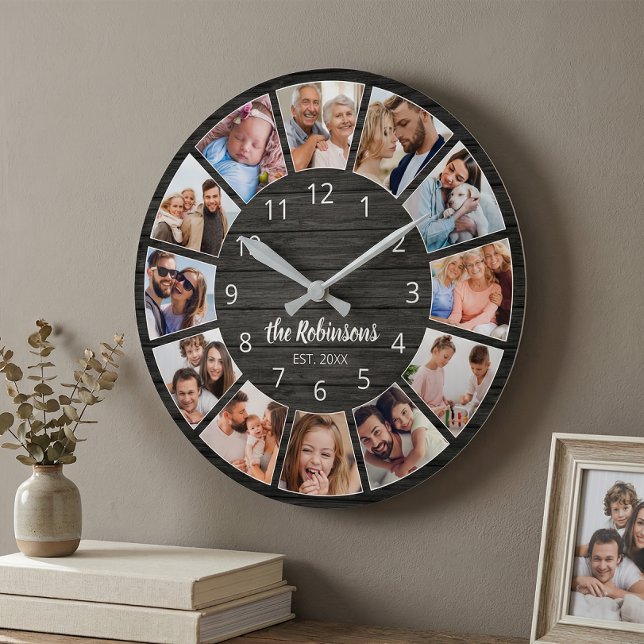 Horloge Ronde Photo personnelle de Collage Black Wood Family (Créateur téléchargé)