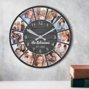 Horloge Ronde Photo personnelle de Collage Black Wood Family