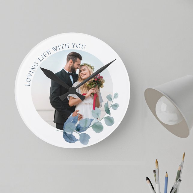Horloge Ronde Photo Wedding Eucalyptus Leaves Botanical Frame (Wedding anniversary photo gift with wedding photo, with "loving life with you" wording)