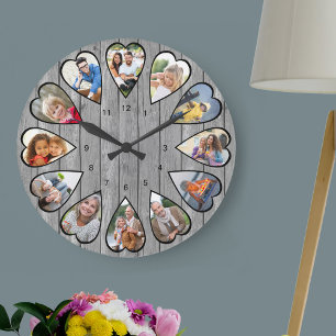 Horloge Ronde Photos en forme de coeur Bois gris rustique Grande
