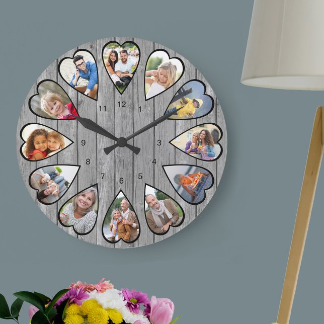 Horloge Ronde Photos en forme de coeur Bois gris rustique Grande (Photo clock with 12 heart shaped photos. Unusual design for your home and a thoughtful photo gift.)