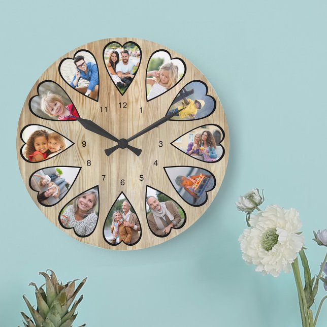 Horloge Ronde Photos En Forme De Coeur Effet De Pin Rond Grande  (Photo clock with 12 heart shaped photos. Unusual design for your home and a thoughtful photo gift.)